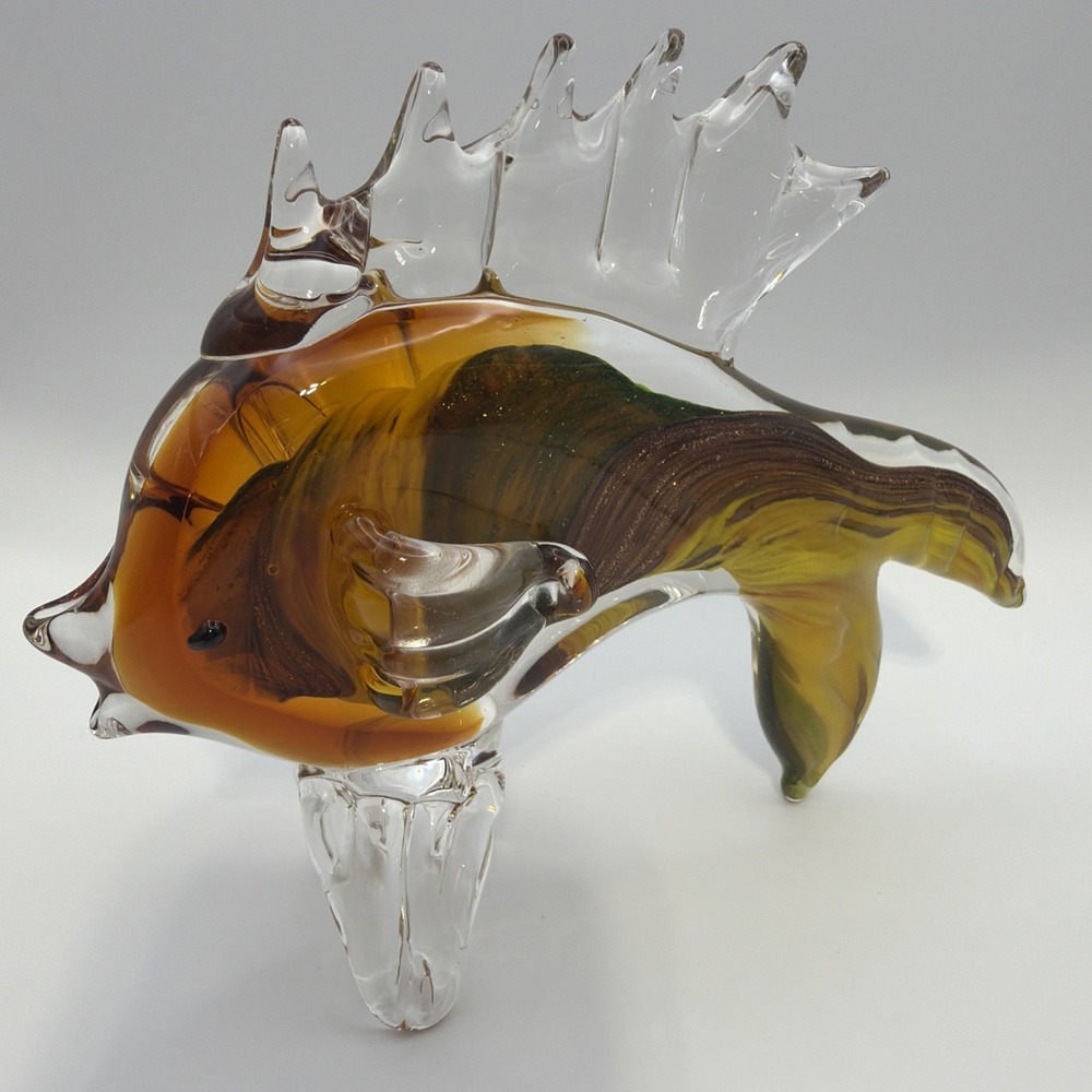 Vintage Murano Style Art Glass Fish Orange Brown Yellow Green Swirl Sparkles